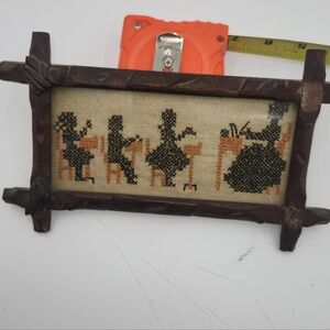 Antique Framed Victorian cross stitch tea time Tramp Art Adirondack handmade